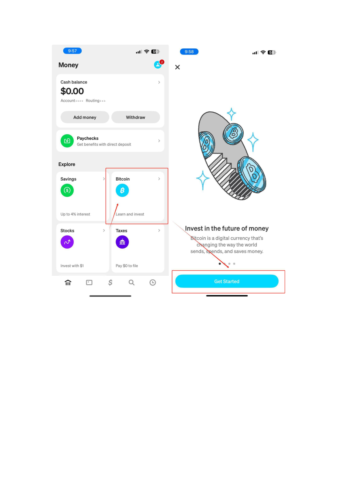 Cash App home — Bitcoin tile
