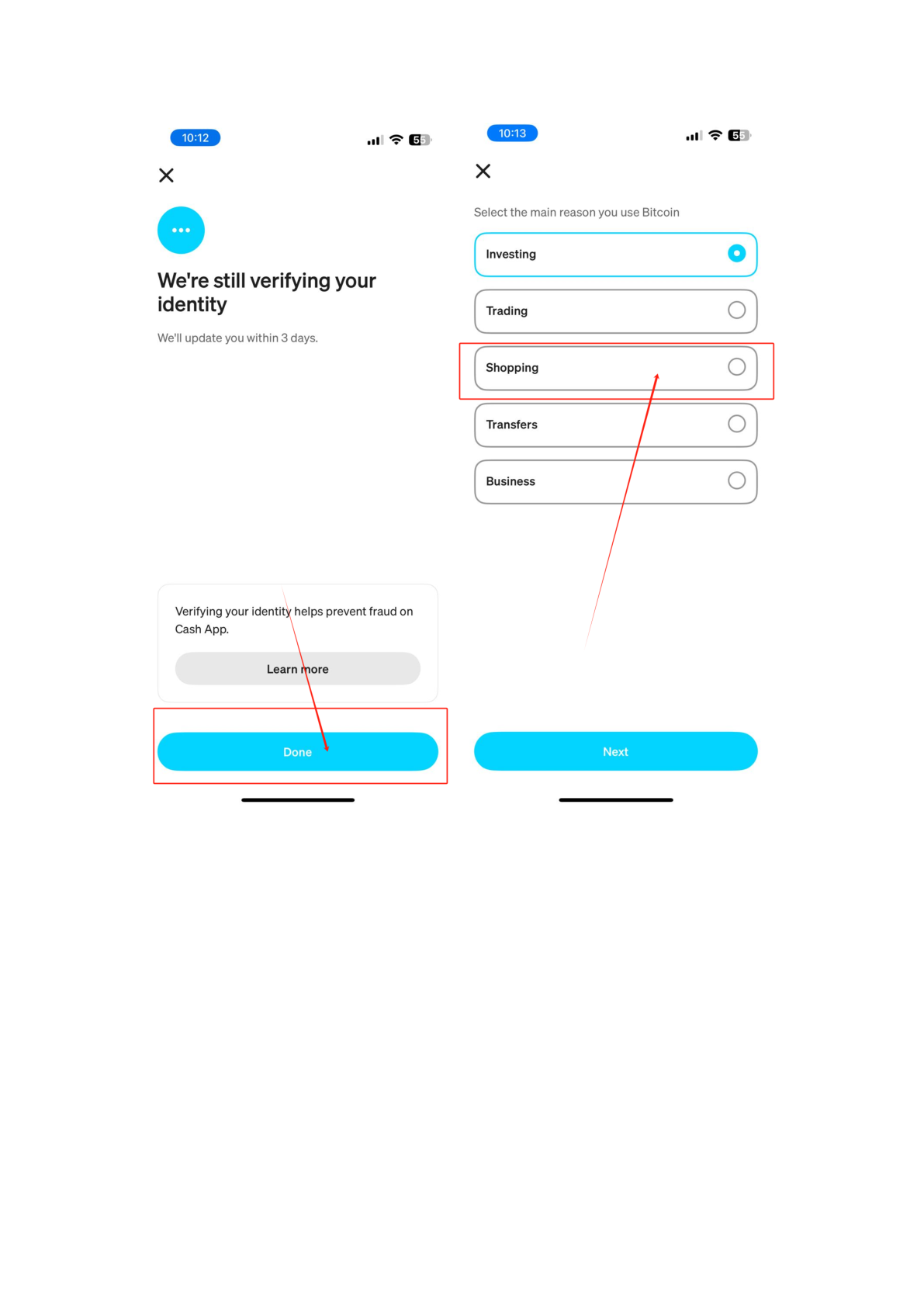 Cash App reason selection screen