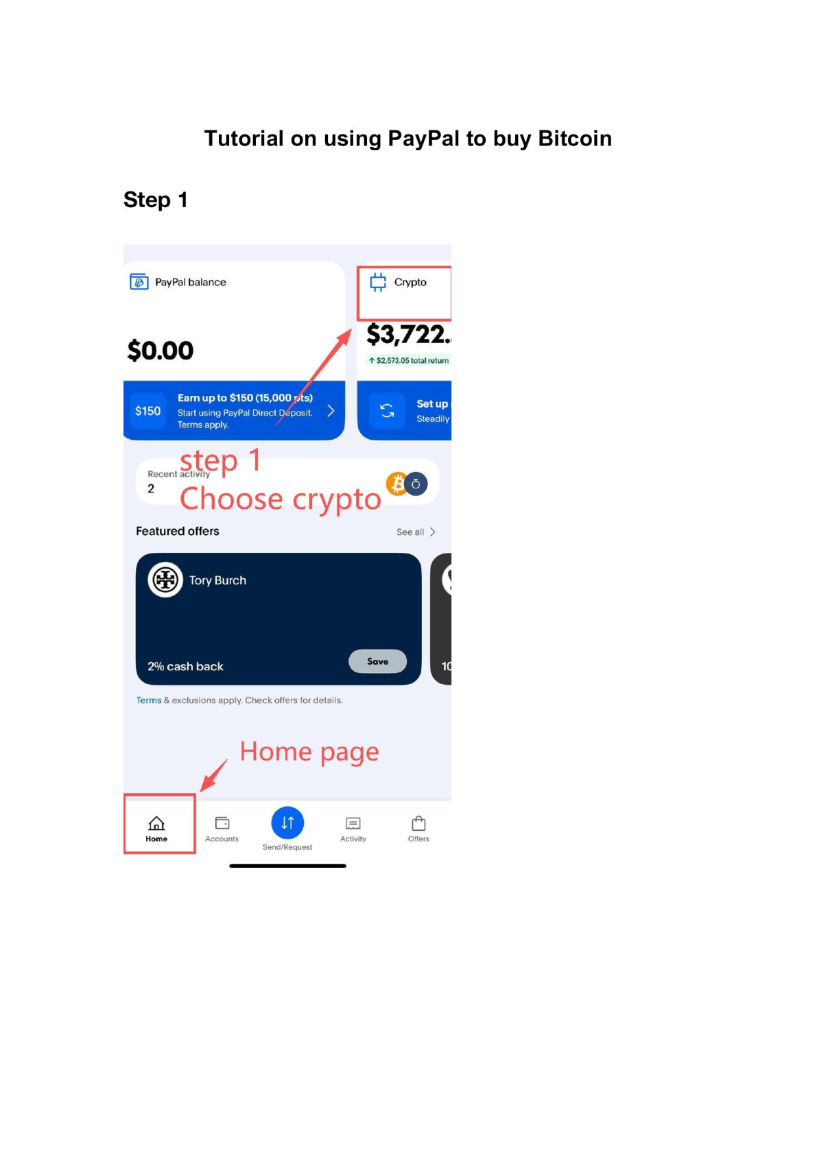 PayPal home screen Crypto tile